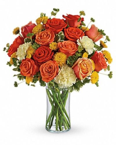 <div class="m-pdp-tabs-description">
<div id="mark-3" class="m-pdp-tabs-marketing-description">Like freshly squeezed lemonade on a hot sunny day, this bright and cheerful bouquet is a summer sensation.</div>
</div>
<p id="arrngDescp">Dark orange, coral and orange roses, light yellow carnations, yellow button spray chrysanthemums and greens fill a slender gathering vase. It's a kiss of summer!</p>