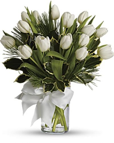 <ul id="tabs-pdp" class="nav nav-tabs" data-tabs="tabs">
<li id="descriptionTab" class="active"><a href="https://www.teleflora.com/bouquet/tulips-and-pine?prodID=P_T12Z114A&skuId=T12Z114A&zipMin=&showAllSkus=true#description" data-toggle="tab">DESCRIPTION</a></li>
<li id="sizesTab"><a href="https://www.teleflora.com/bouquet/tulips-and-pine?prodID=P_T12Z114A&skuId=T12Z114A&zipMin=&showAllSkus=true#sizes" data-toggle="tab">SIZES</a></li>
</ul>
<div id="tabs-pdp-content" class="tab-content">
<div id="description" class="tab-pane fade active">
<div id="mark-3" class="m-pdp-tabs-marketing-description">Give a gift of simple winter beauty. Send a bouquet of white tulips that are as pure as fresh-fallen snow, accented with just a touch of fragrant white pine. It's the essence of the season, captured in a vase.</div>
</div>
</div>